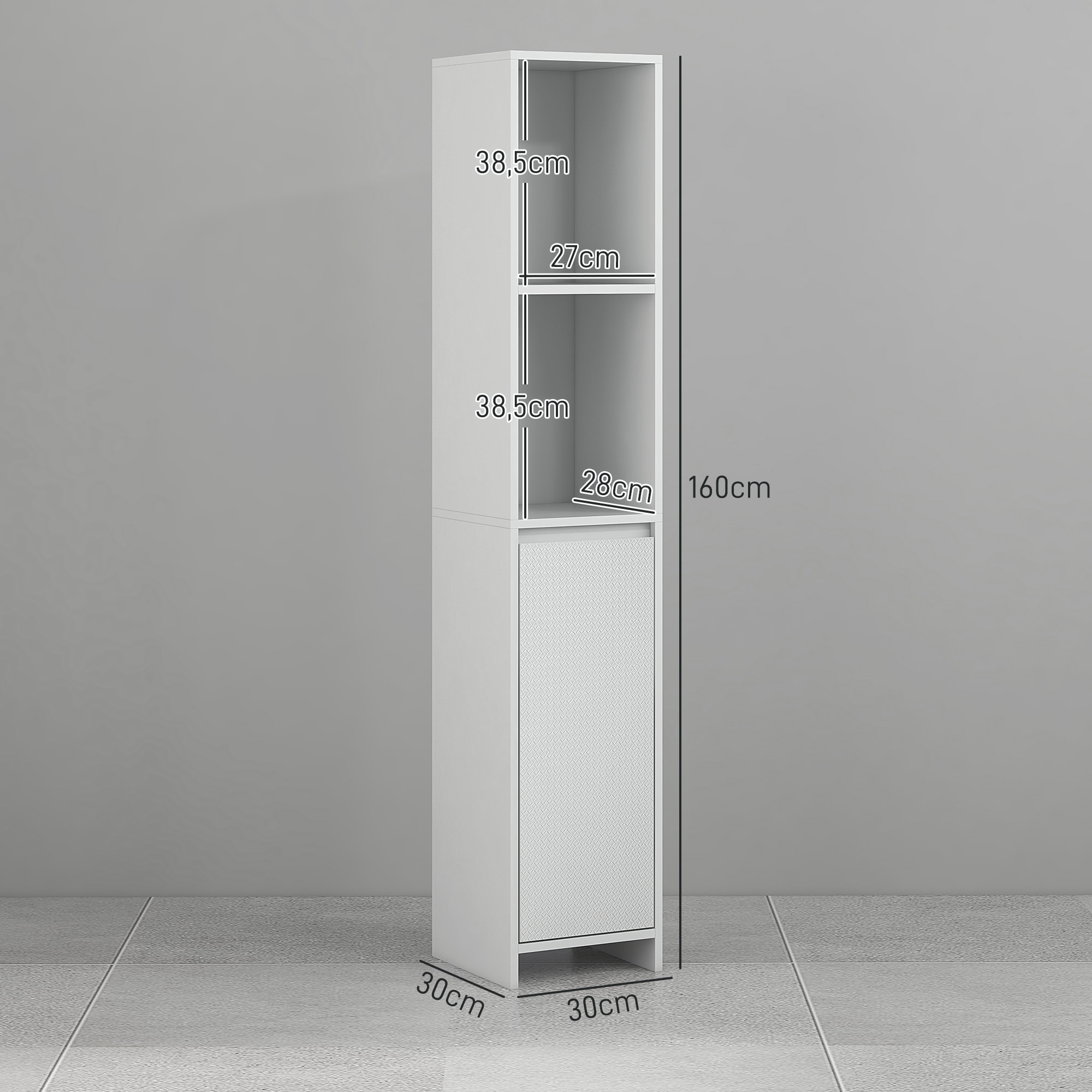 Armario Alto de Baño Columna Auxiliar de Baño Armario de Baño con Puerta 2 Estantes Abiertos Antivuelco Estilo Moderno 30x30x160 cm Blanco