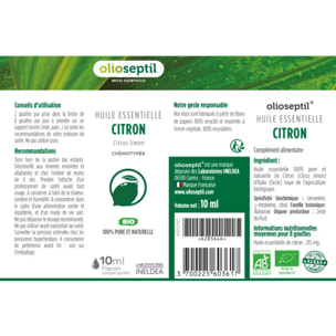 OLIOSEPTIL - Huile essentielle de Citron - 100% Pure et naturelle - BIO - HEBBD (biochimiquement et botaniquement définie) - 100% origine naturelle - Flacon 10ml