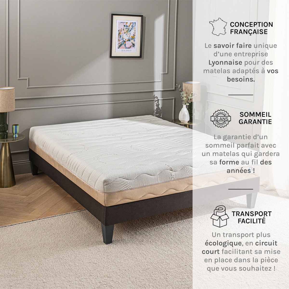Ensemble Matelas Leman & Sommier KIT15, 25 cm, Mousse Supersoft Haute Résilience, Technologie Tri-Lattes, Soutien Medium