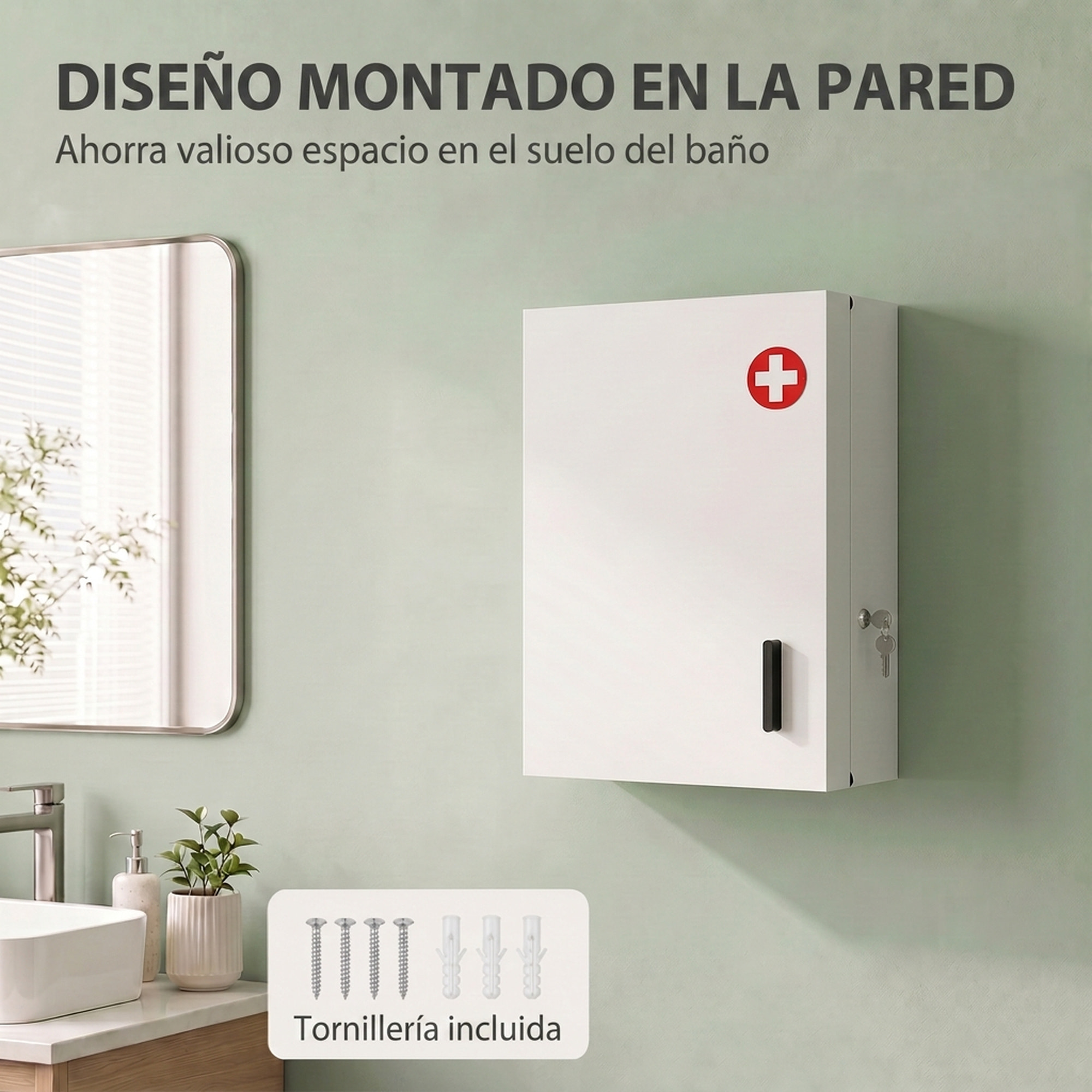 Botiquín de Pared de Primeros Auxilios, Botiquín de Medicinas con 6 Compartimentos, Cerradura y 2 Llaves, para Baño, Cocina, Recibidor, 40x18x60 cm, Blanco