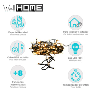 guirnalda con 80 luces led blanco cálido con 8 funciones y temporizador - 3 metros