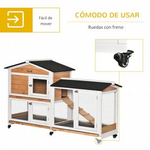 Conejera de Madera 157,4x53x99,5 cm Jaula para Conejos Grande con Ruedas Techo Asfáltico Bandeja Extraíble y Rampa para Exterior Natural