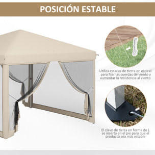 Carpa Plegable 3x3 para Exterior Cenador de Jardín Portátil con Mosquiteras Bolsa de Transporte Marco de Acero y Tela Oxford Resistente para Fiestas Camping Beige