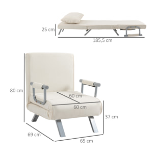 Sofá Cama Individual Sillón Cama Individual Sillón Reclinable con Almohada para Salón Dormitorio Oficina Carga 100 kg 65x69x80 cm Crema