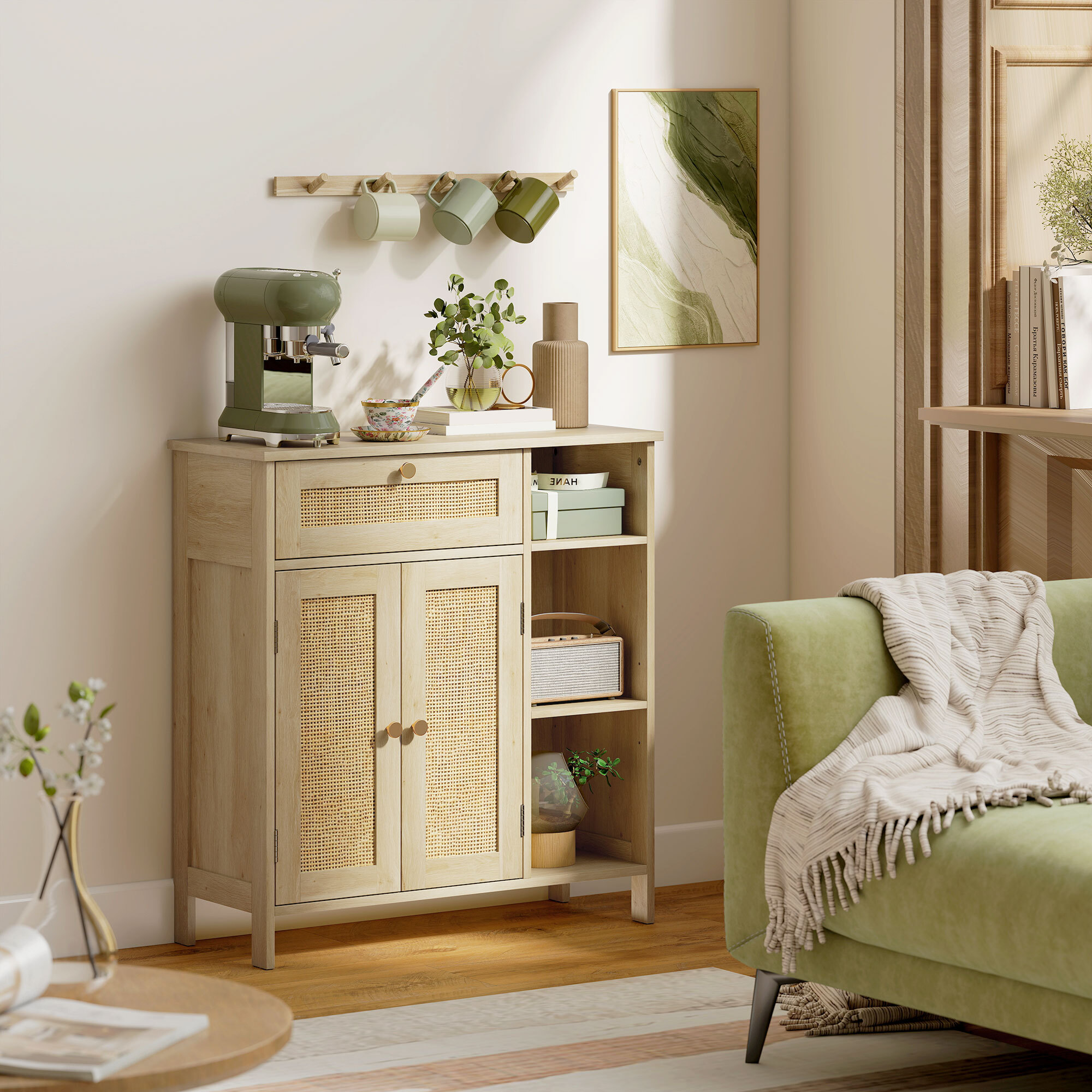 Buffet style bohème naturel - 2 portes, étagère, 3 niches, tiroir - rotin effet bois clair