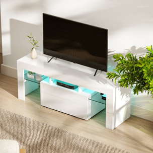 Meuble TV design blanc laqué LED réglable - 2 étagères verre trempé, niche, porte - dim. 120 x 34 x 45 cm