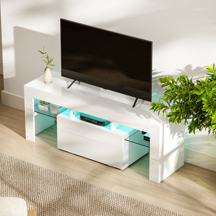 Meuble TV design blanc laqué LED réglable - 2 étagères verre trempé, niche, porte - dim. 120 x 34 x 45 cm