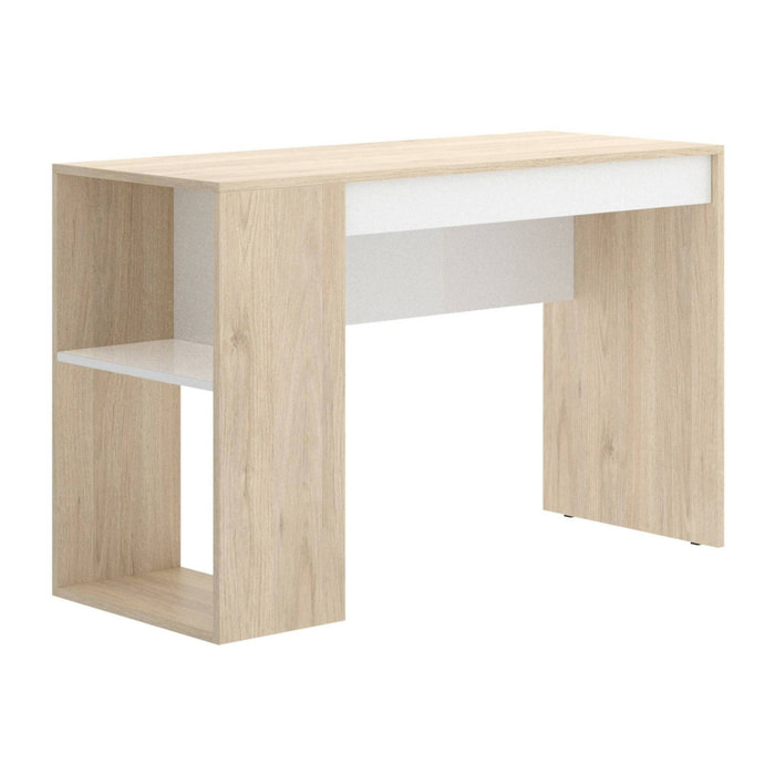 Scrivania Arianella, Scrittoio multiuso da ufficio o cameretta, Tavolo da studio lineare con scaffali, 115x50h74 cm, Rovere e Bianco