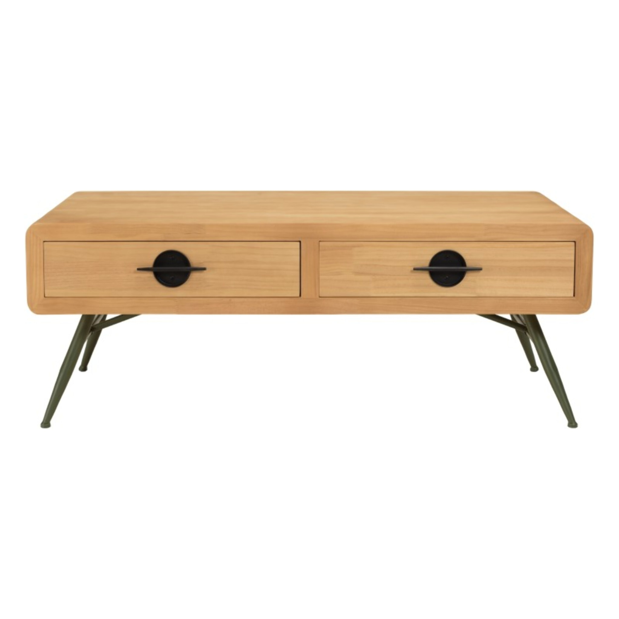 HELENA - Table basse 2 tiroirs pin couleur naturelle pieds métal vert