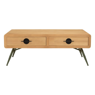 HELENA - Table basse 2 tiroirs pin couleur naturelle pieds métal vert