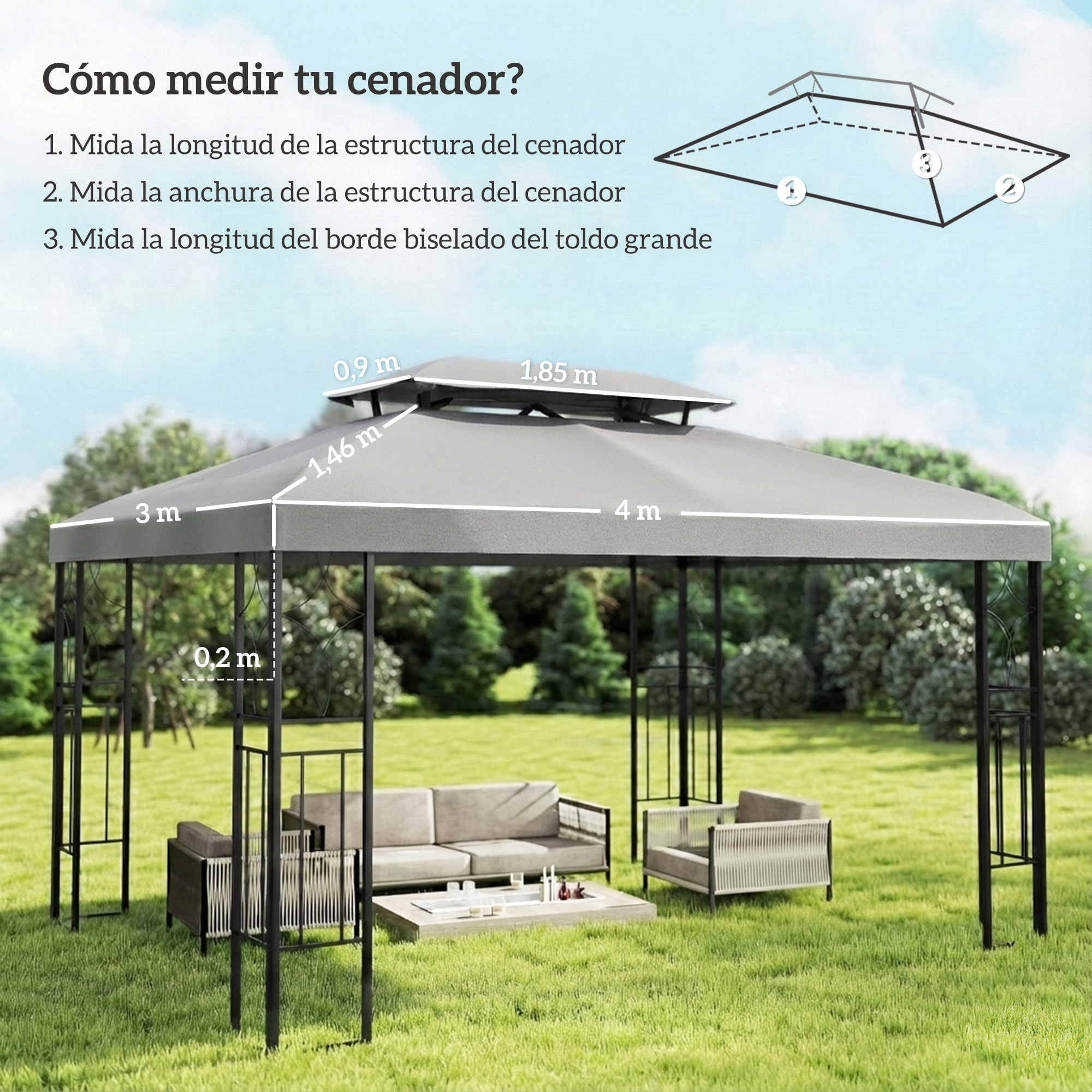 Techo de Repuesto para Cenador, 4x3 m, Cubierta de Repuesto con Techo Doble, 10 Orificios de Drenaje y Protección UV, SOLO Toldo de Recambio para Pabellón Gazebo, Gris Claro