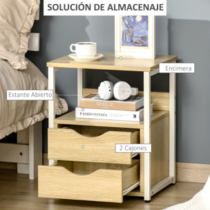 HOMCOM Mesa Auxiliar con 2 Cajones y Estantes de Almacenamiento Mesita de Noche con Marco de Metal para Salón Dormitorio 40x35x49 cm Natural