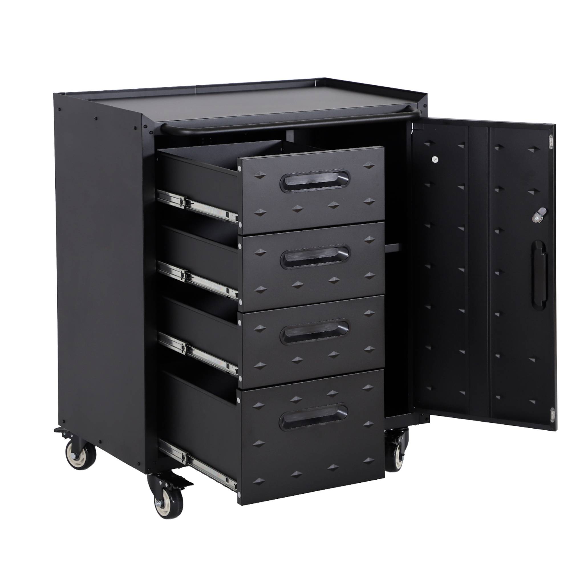 Meuble bas de rangement pour garage avec 4 tiroirs et une porte