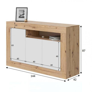 Credenza Thornton, Madia moderna a 3 ante, Buffet da soggiorno con scomparti, Madia da salotto, Mobile Porta TV, cm 144x42h87, Rovere nodi e Bianco