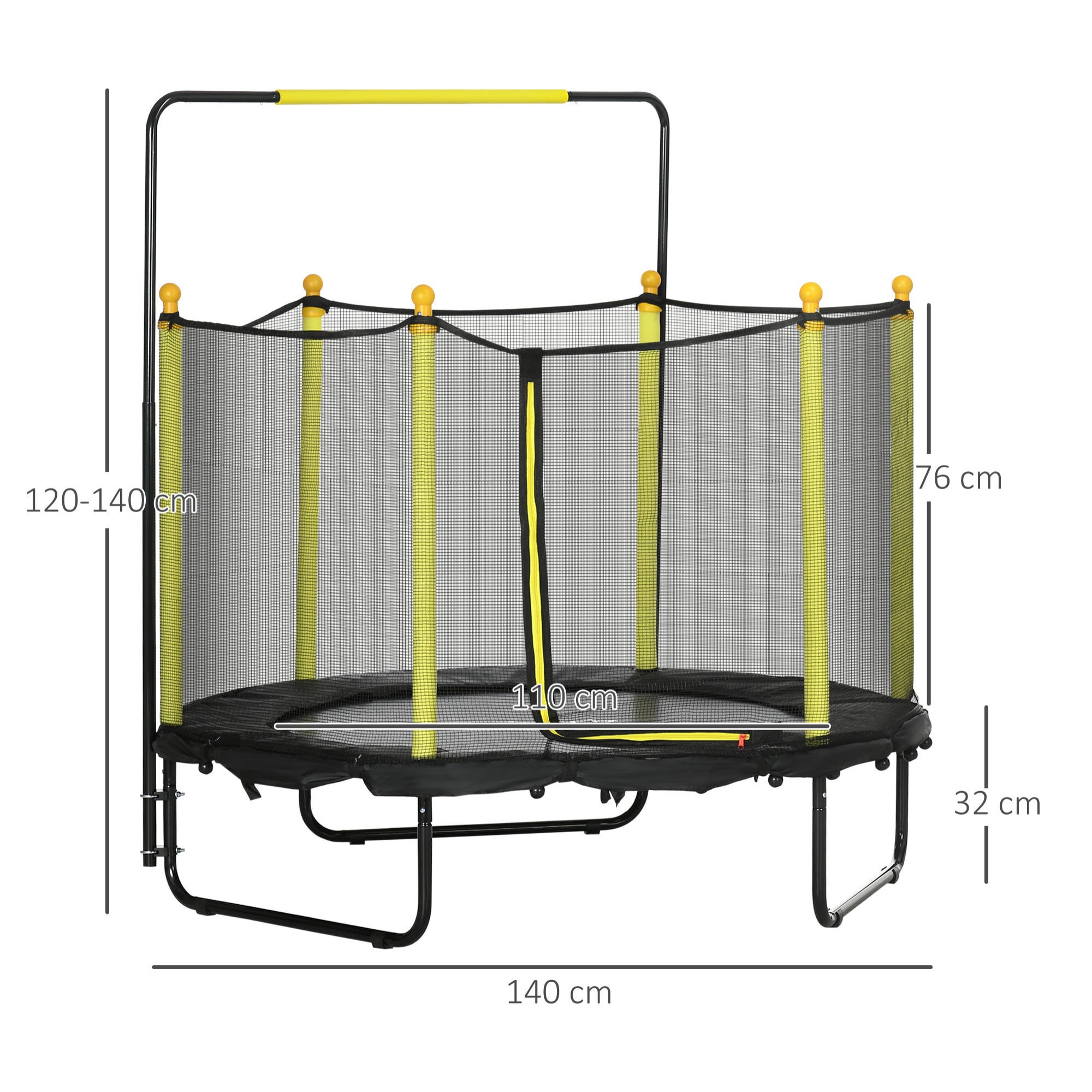 Cama Elástica Infantil Ø110 cm Trampolín para Niños con Red de Seguridad y 3 Patas de Acero en Forma de U Carga 50 kg para Interior Negro