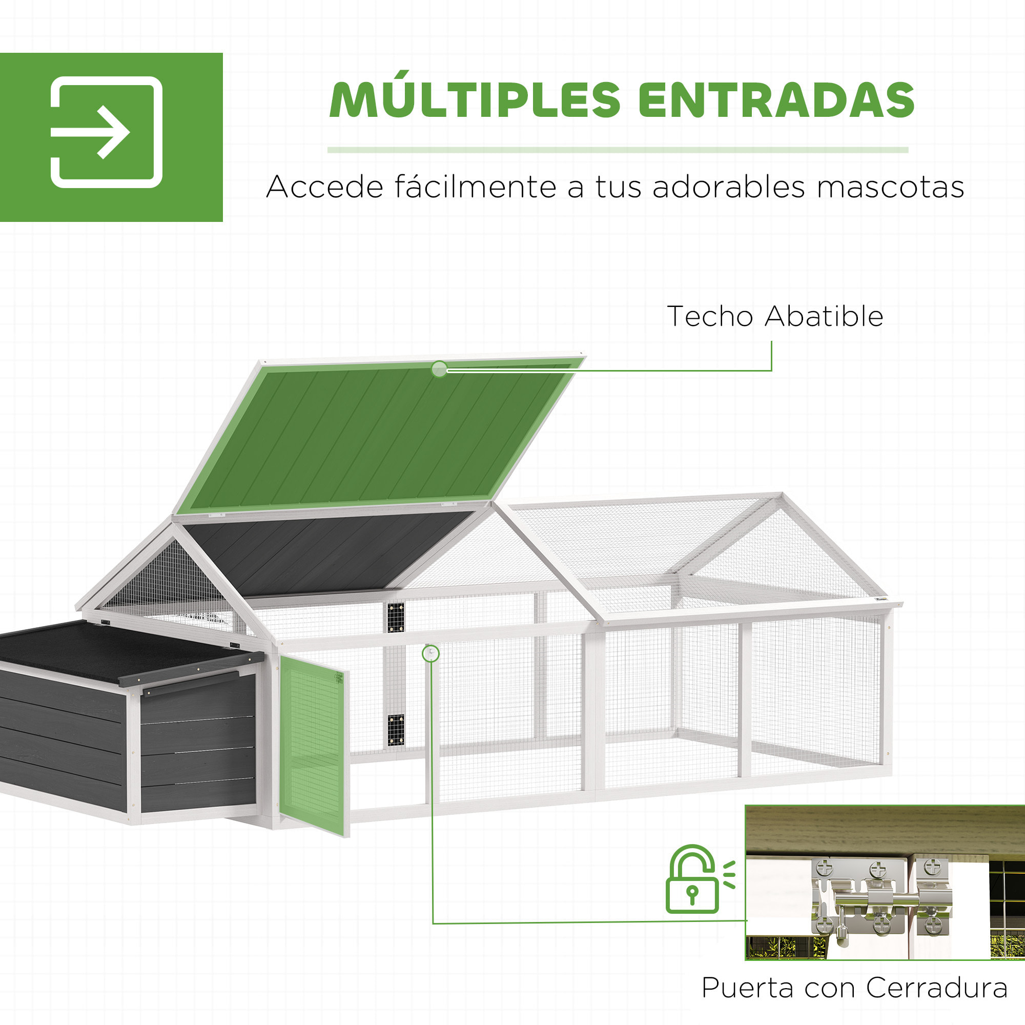 Gallinero para Exterior 240x112,5x76 cm Gallinero de Madera con Techo Abatible Corral Puertas con Cerradura y Nido para Gallinas Conejos Patos Blanco y Gris