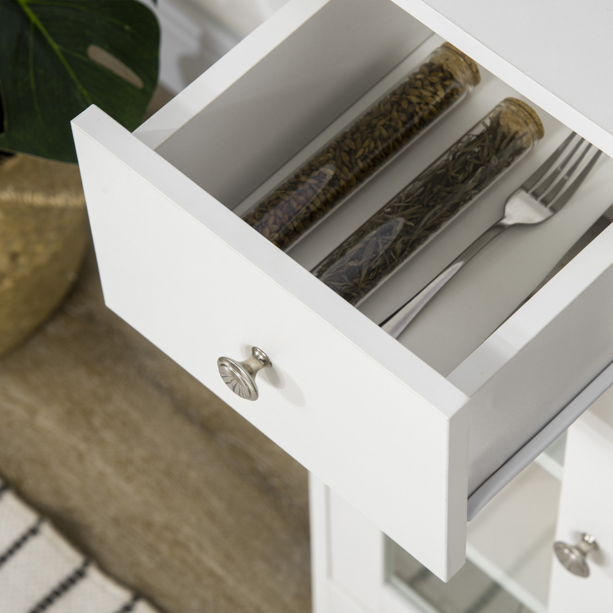 Buffet de cuisine meuble de rangement moderne avec porte en verre, tiroir, grande niche et étagères réglables, 80 x 30 x 82 cm, blanc