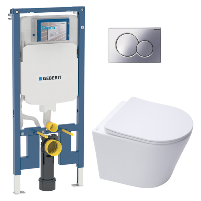 Pack WC sans bride Infinitio + Abattant softclose slim + Bâti support Geberit Extra-plat UP720 + Plaque Chrome