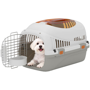 Transportín para Gatos y Perros Pequeños, Caja de Transporte de Plástico, Carga 4 kg, con Claraboya, Cuenco, Puerta de Acero, Cerradura Triple, Base Elevada, 49x32x31 cm, Gris Claro