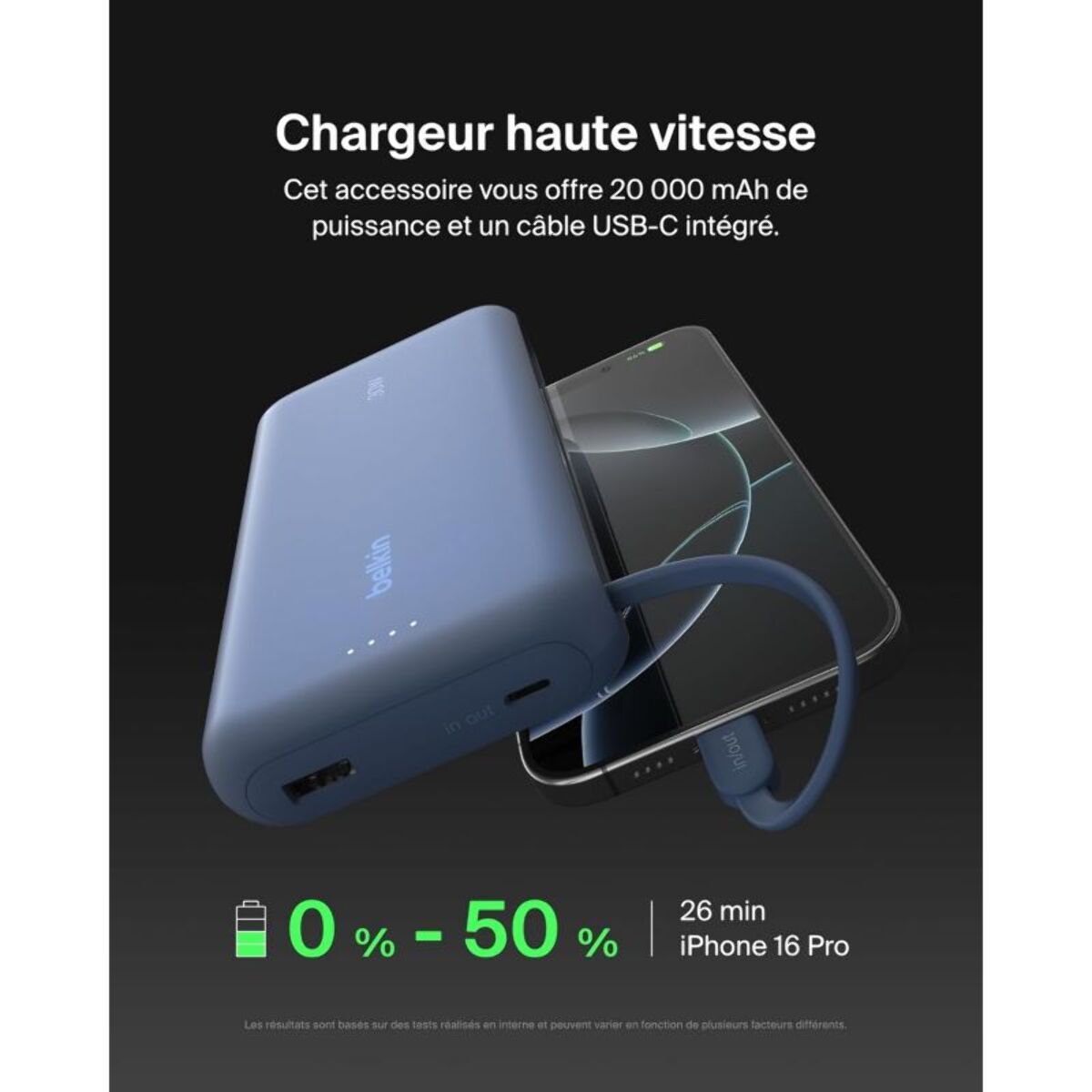 Batterie externe BELKIN 20000 mAh avec cable USB-C intégre bleu