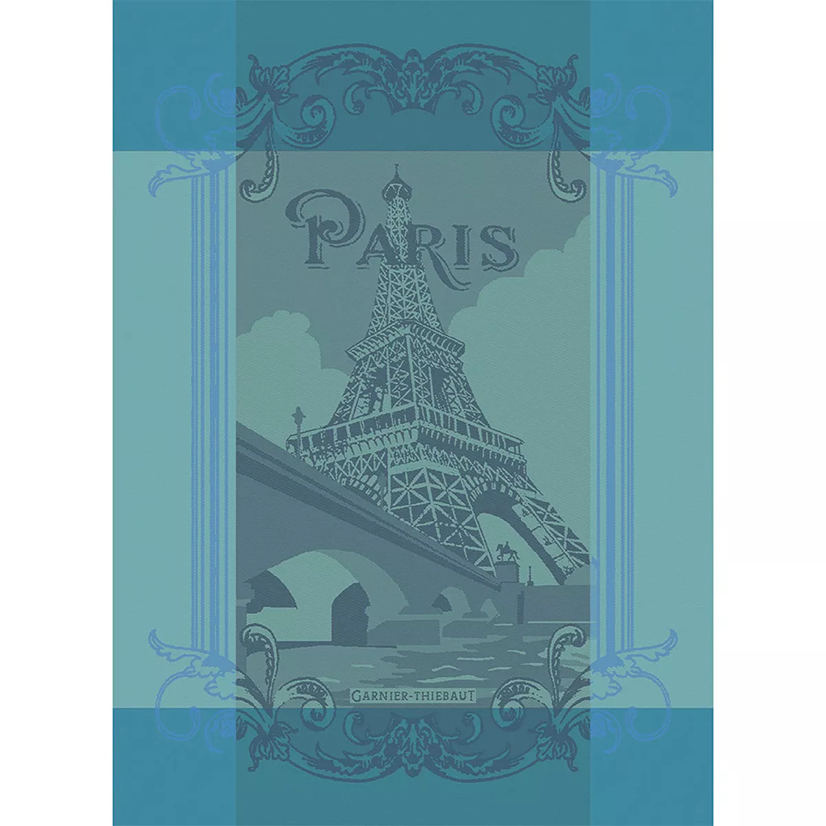 Torchon pur coton motif jacquard bleu Paris seine turquoise