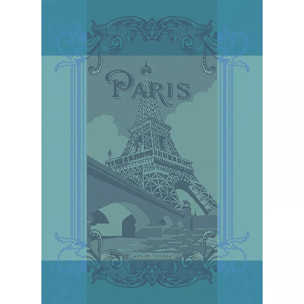 Torchon pur coton motif jacquard bleu Paris seine turquoise