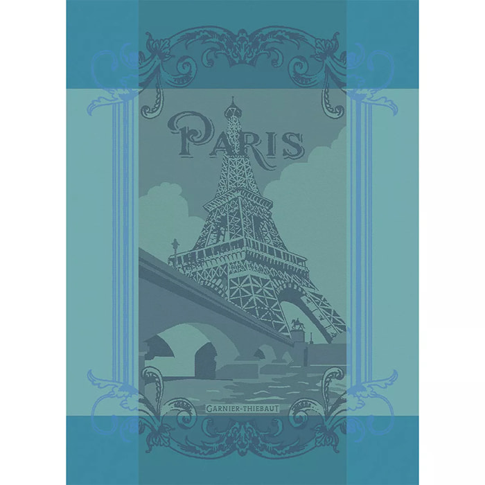 Torchon pur coton motif jacquard bleu Paris seine turquoise