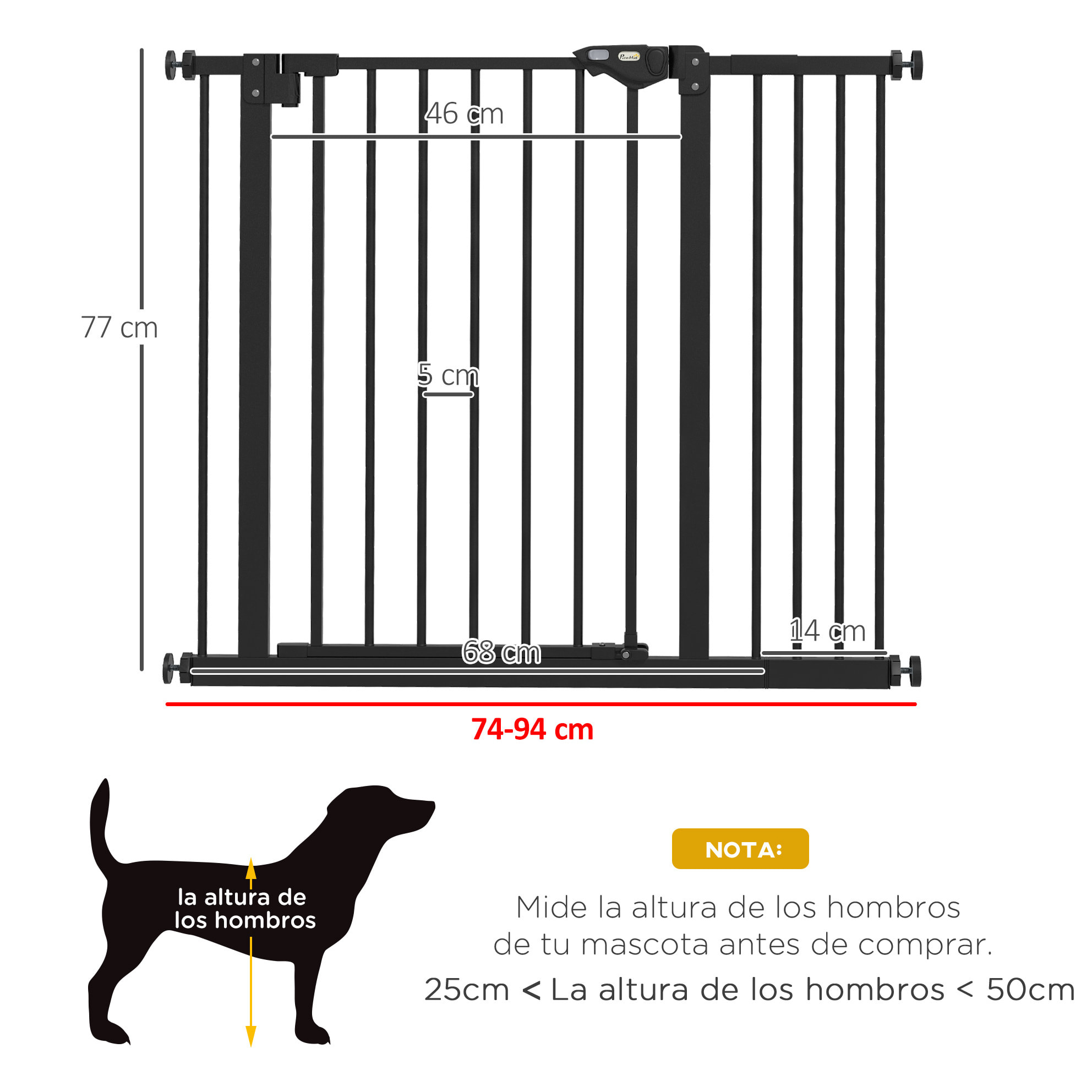 Barrera de Seguridad para Perros Extensible 74-94 cm, para Puertas y Escaleras, Barrera para Perros con Montaje a Presión, Doble Bloqueo y Extensión de 14 cm, Negro
