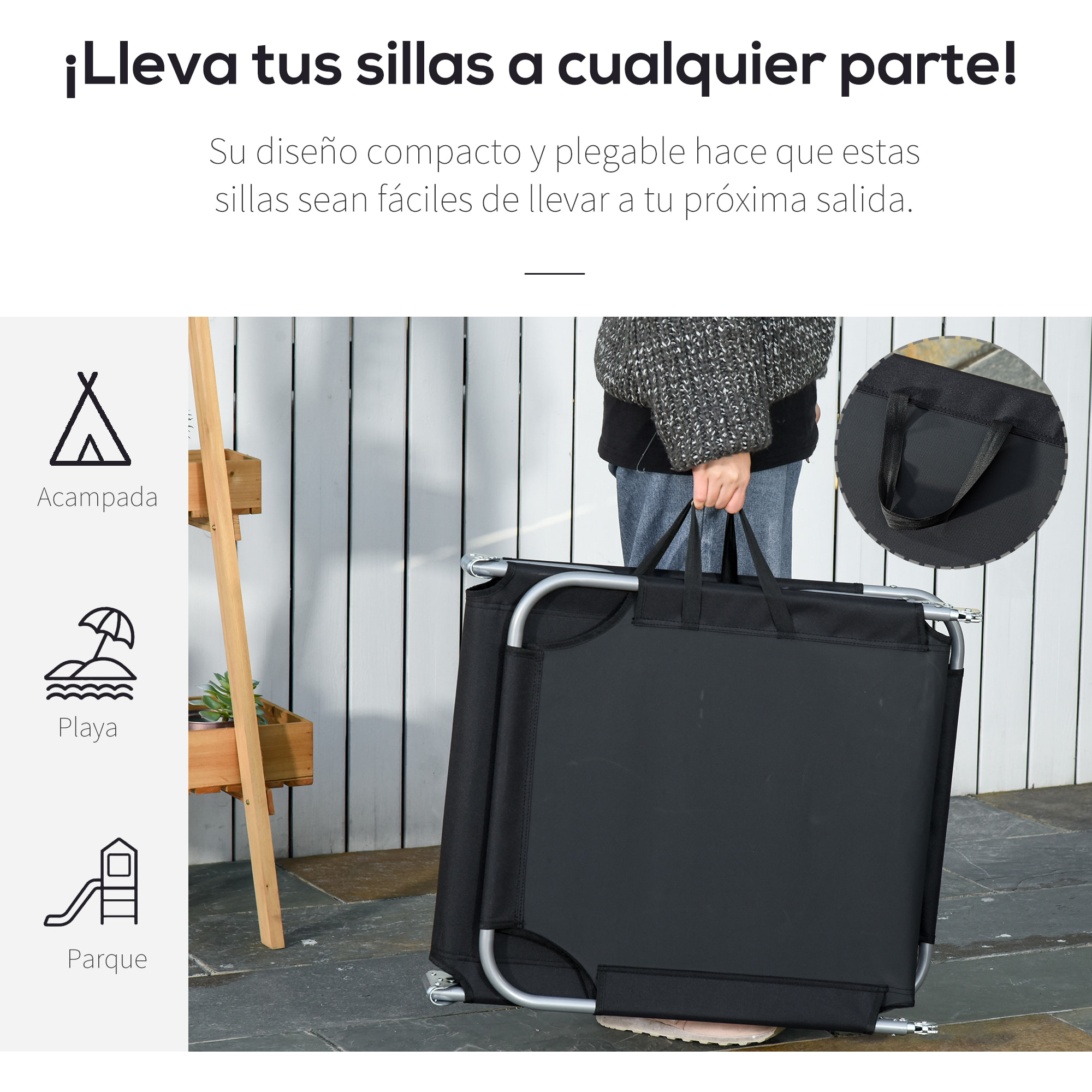 Tumbona Plegable Tumbona Jardín Exterior con Respaldo Ajustable en 5 Posiciones y Estructura Metálica Carga 120 kg para Terraza Piscina Playa 187x55x24 cm Negro