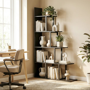 Étagère bibliothèque séparateur de pièce style industriel en escalier 5 étagères effet bois noir
