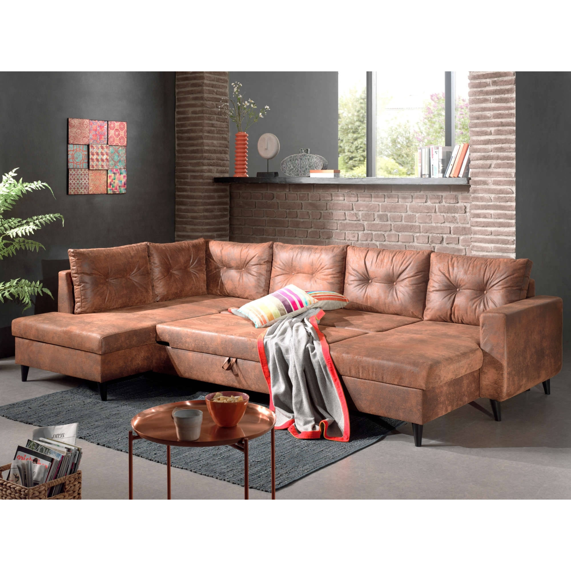NORDIC - Canapé panoramique en U - 7 places - Convertible - Industriel vintage - Angle Gauche - Marron