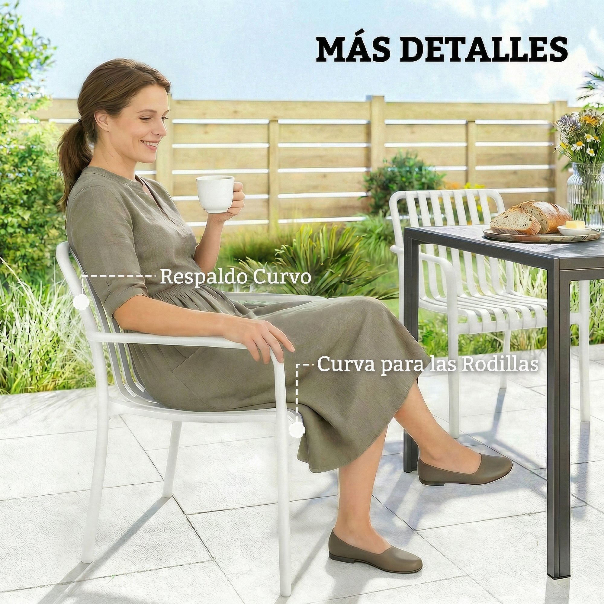 Juego de 4 Sillas de Jardín Exterior Apilables, Sillas Terraza Exterior de PP con Respaldo Curvado, Asiento de Listones, Reposabrazos, 55x58,5x81,5 cm, Blanco
