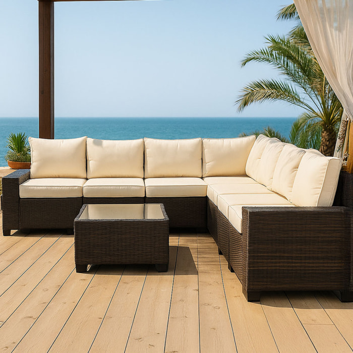 SONIA Salon de jardin d'angle 7 places en résine tressée avec table marron et beige