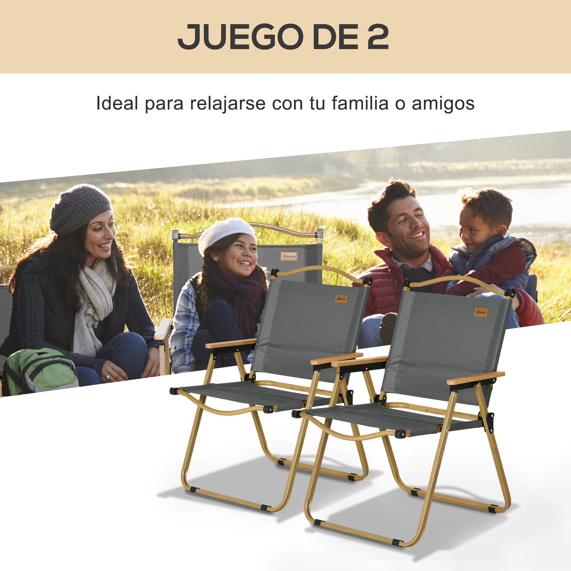 Pack de 2 Sillas Plegable de Camping, Sillas de Camping Portátil con Reposabrazos y Estructura de Acero, Silla para Pesca, Jardín, Terraza, Gris Oscuro