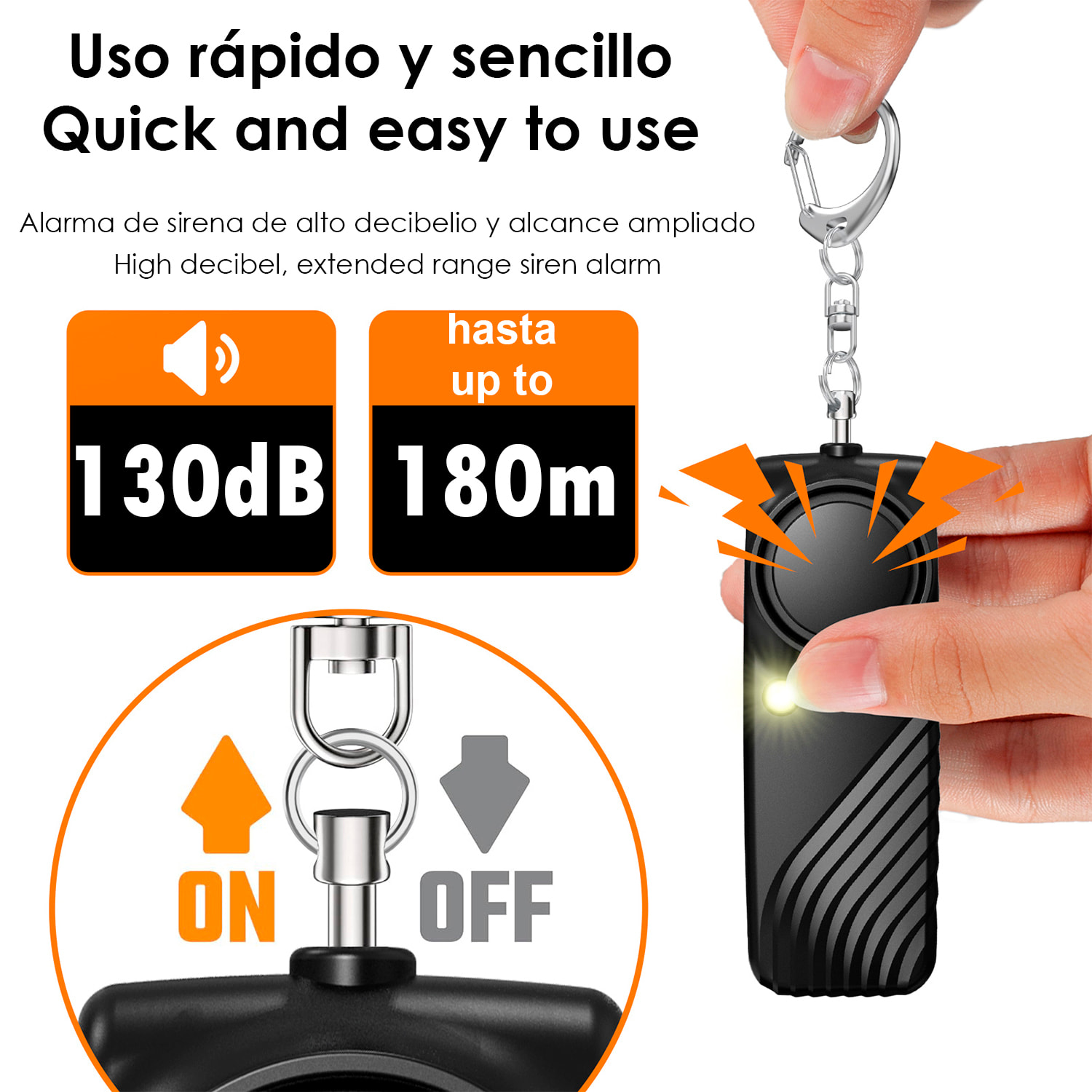 Allarme SOS personale con luce LED brillante e suono di 130dB. Batteria AAA inclusa e attivazione rapida tirando l'anello.