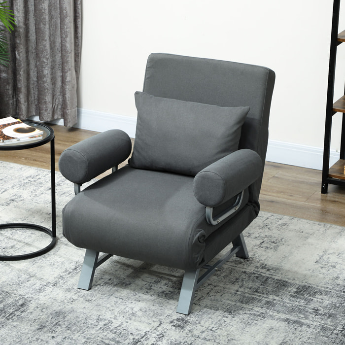 Fauteuil chauffeuse convertible inclinable coussin lombaires accoudoirs piètement métal lin gris foncé