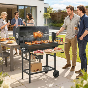 Barbacoa de Carbón Portátil, Barbacoa Carbón Barril Móvil con Asador Eléctrico, Estantes Plegables, Rejilla de Calentamiento, Termómetro, Ventilaciones Ajustables, Recoge Cenizas, Ruedas, Asa