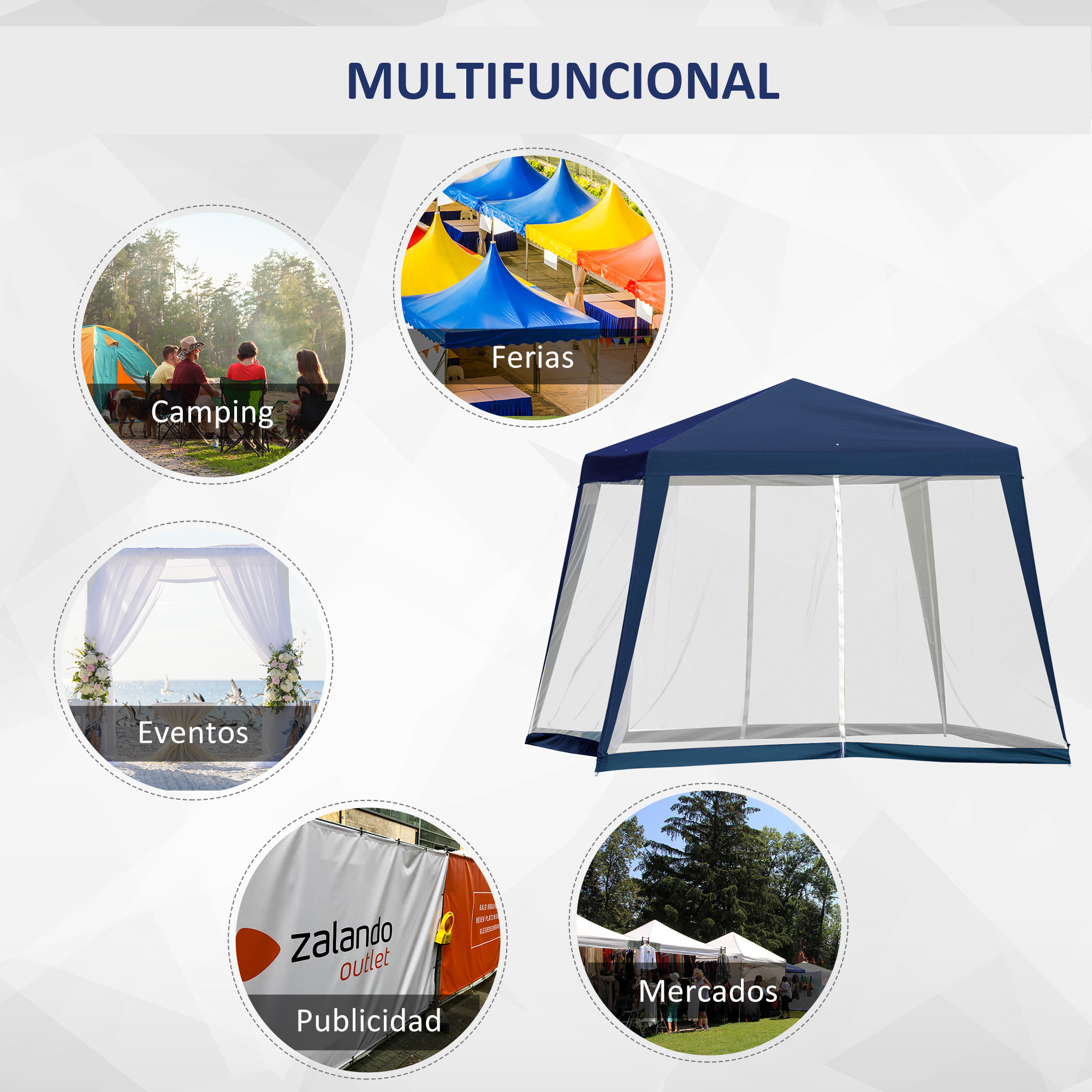 Outsunny Carpa de Jardín 3x3 m con 4 Paredes Laterales Mosquitera Exterior Azul