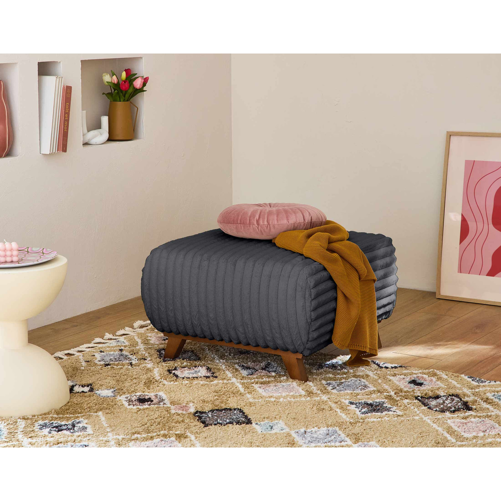 Cristal - pouf modulable - 65 cm - en fausse fourrure côtelée - Gris Anthracite