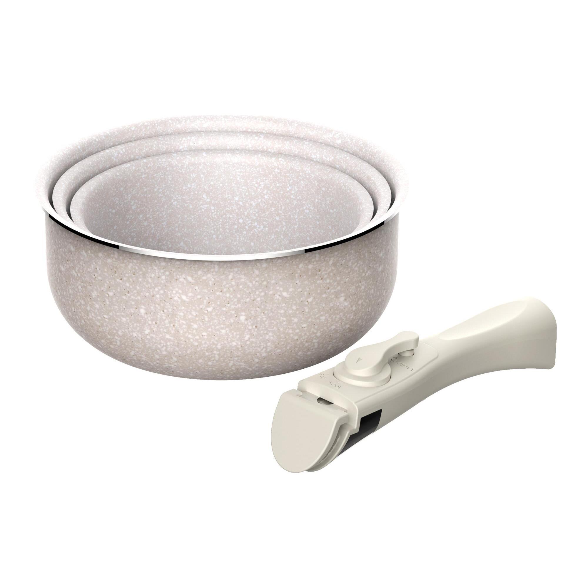 Juego de 3 cacerolas Ø16Ø18Ø20cm aluminio prensado,recubrimiento ILAG antiadherente,mango extraíble,apto inducción,sin PFOA,apto lavavajillas y horno