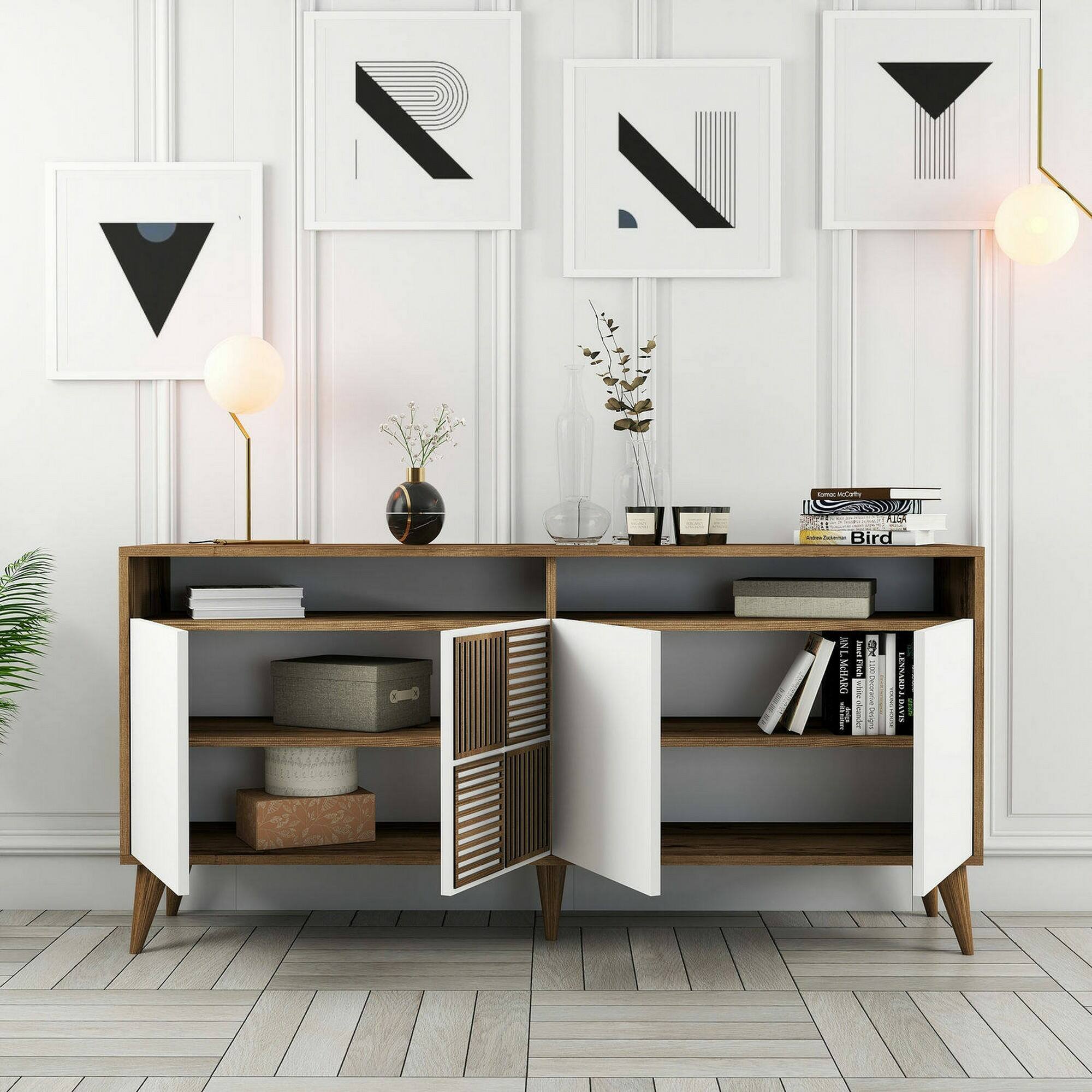 Consolle Garigliano, Credenza da soggiorno, Armadio basso per TV, Base parete attrezzata, 160x35 h79 cm, Noce e Bianco