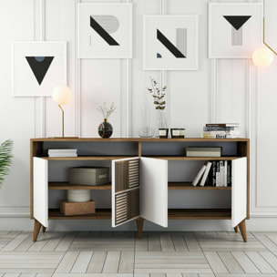 Consolle Garigliano, Credenza da soggiorno, Armadio basso per TV, Base parete attrezzata, 160x35 h79 cm, Noce e Bianco