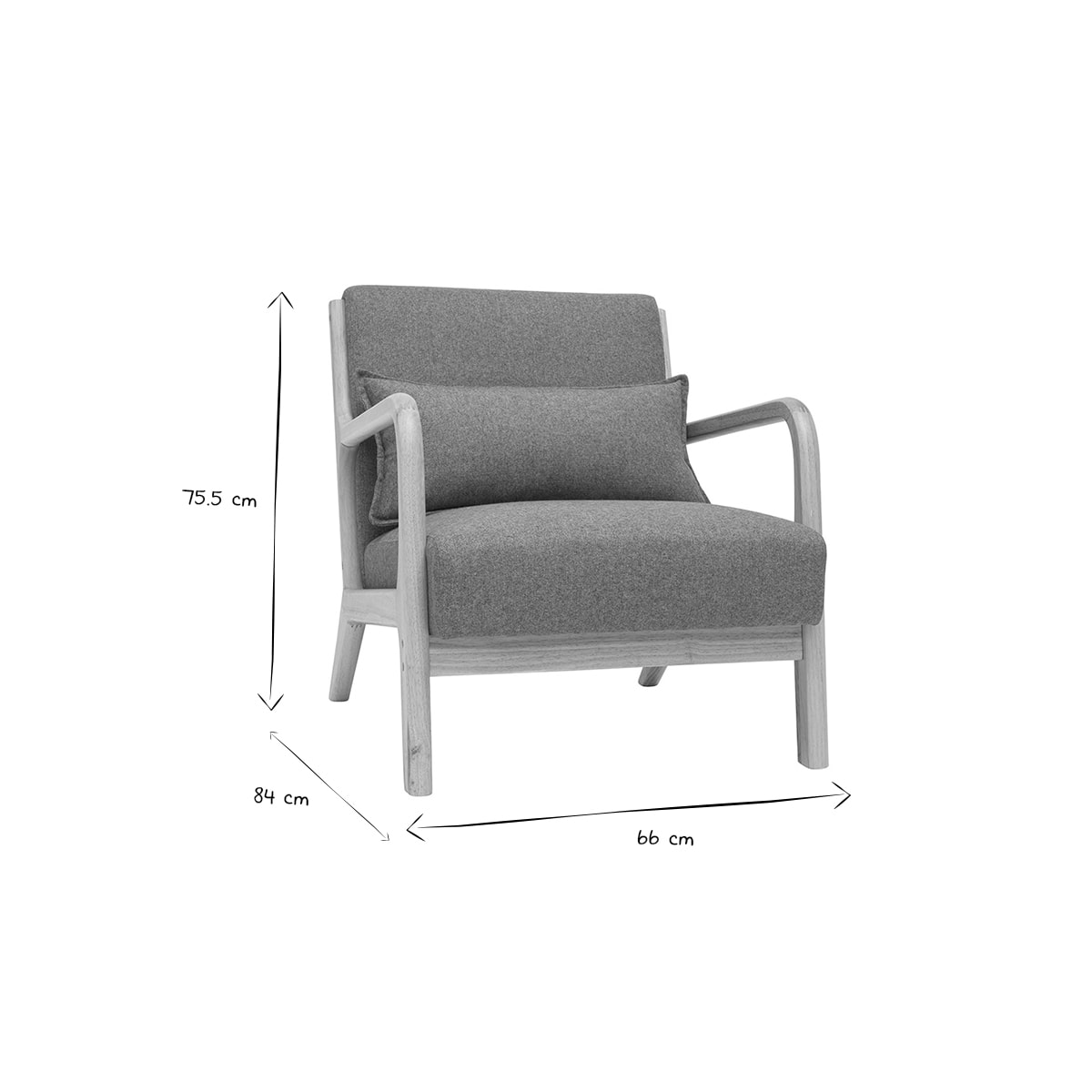 Fauteuil scandinave en tissu vert de gris et bois clair massif DERRY