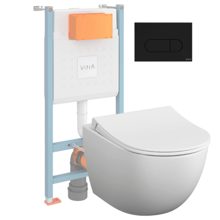 Pack WC suspendu VITRA Sento blanc mat + bâti autoportant V-Fix Core + Plaque Round noir mat
