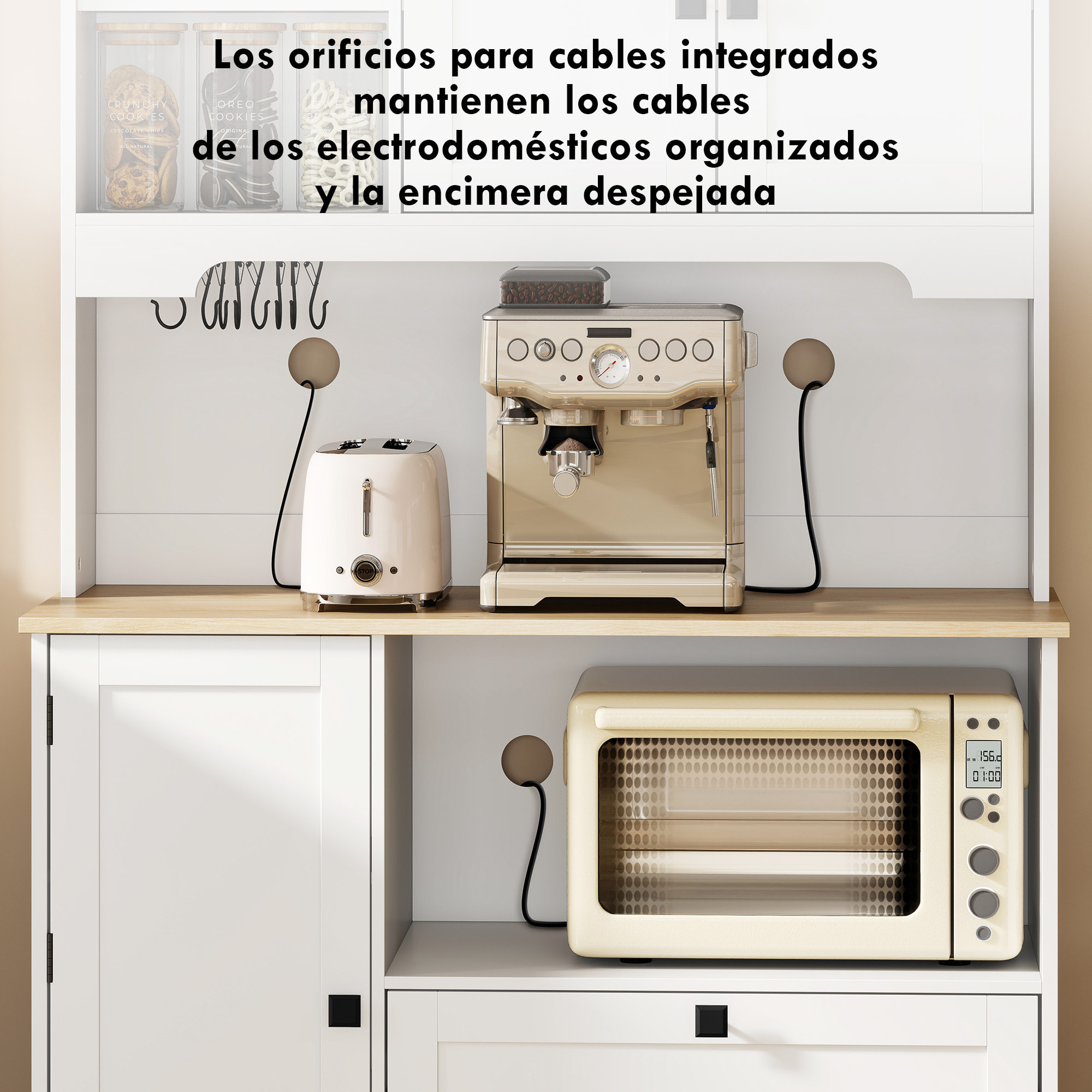 Alacena de Cocina, Mueble Auxiliar de Cocina con 3 Puertas, 2 Cajones, 3 Estantes en la Puerta, 8 Ganchos, Encimera Amplia para Microondas, Estantes Ajustables, Orificios para Cables, Blanco