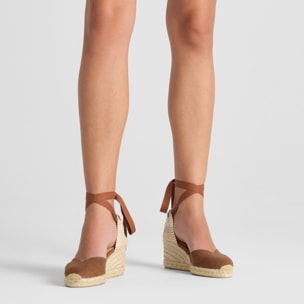 Alpargata con cuña 7 cm en lona de algodón con pala en v y cintas al tobillo