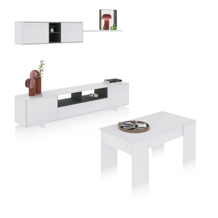 Pack salón con mesa de centro Kenzo Plus V2 Blanco Brillo - Gris Antracita