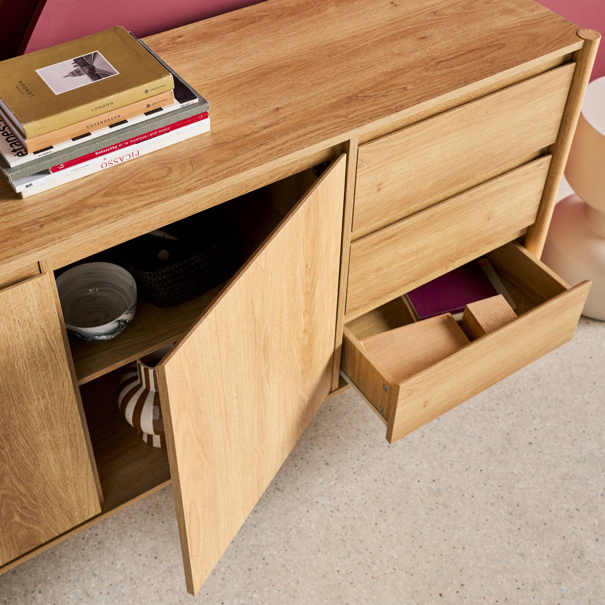 Buffet décor bois 2 portes 3 tiroirs 150cm HARMONY