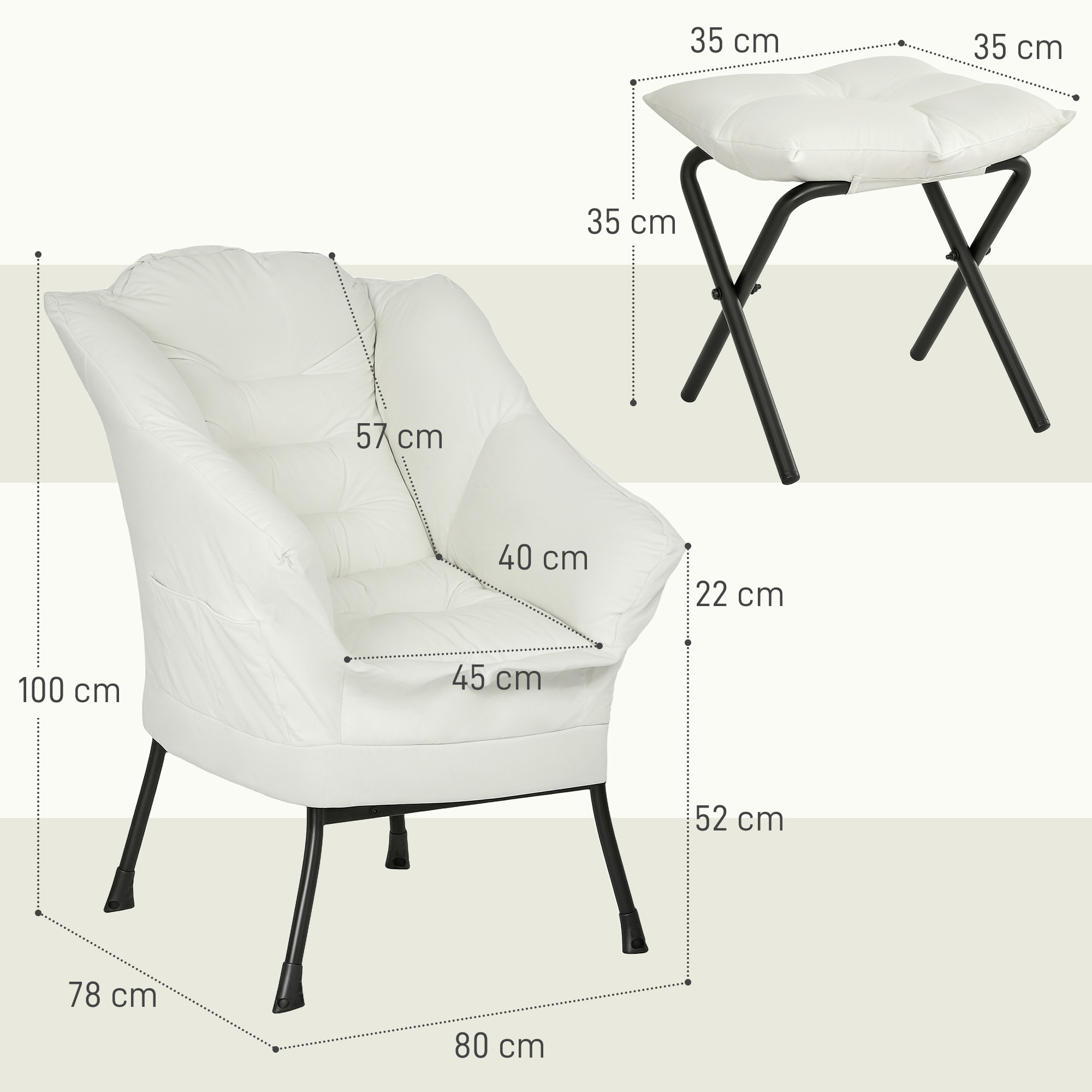 Sillón de Salón con Otomana Sillón de Relax Sillón para Lectura con Bolsillos Laterales y Patas de Acero para Sala de Estar Dormitorio Crema