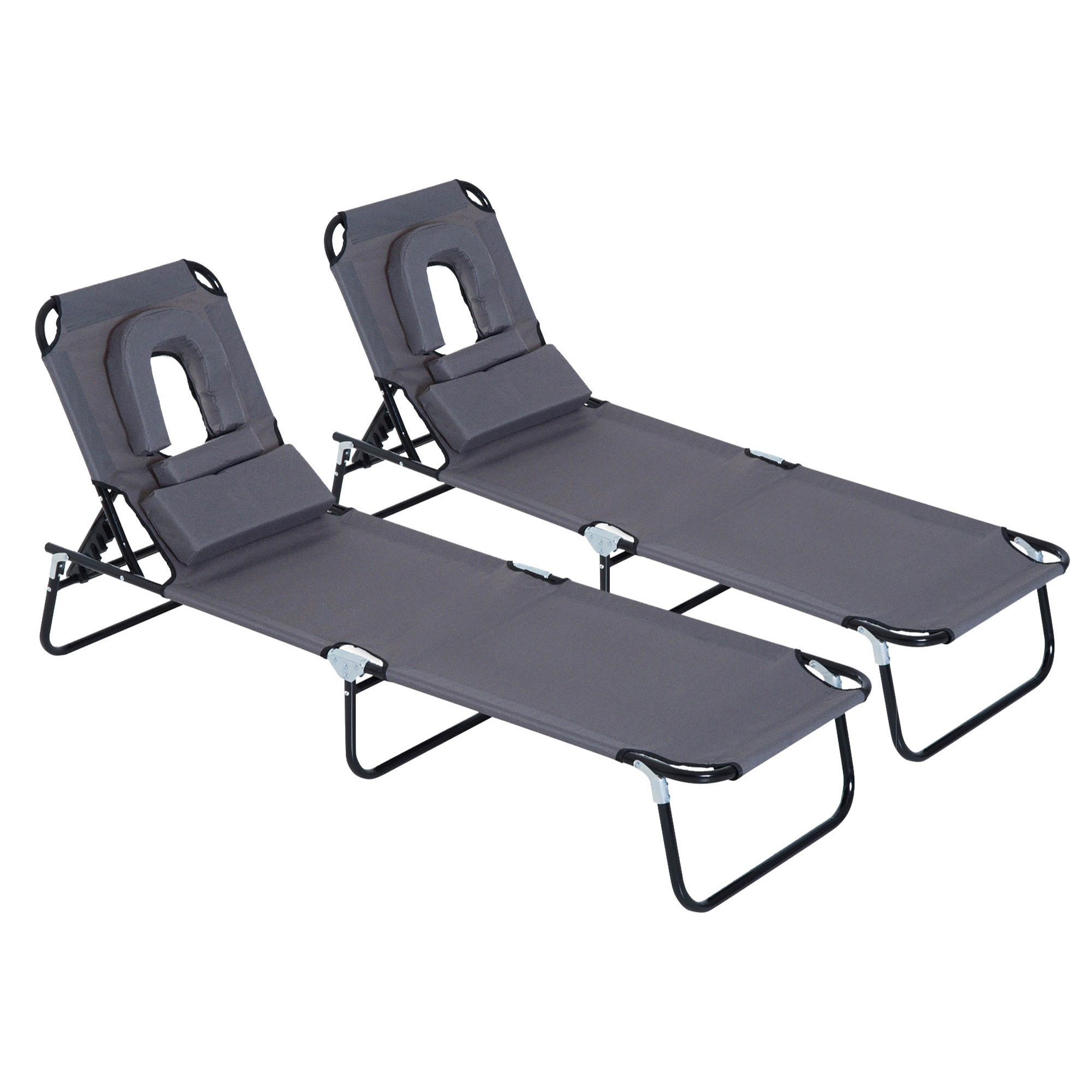 Juego de 2 Tumbonas Plegables Tumbonas de Jardín con Respaldo Ajustable en 4 Posiciones Orificio de Lectura y Almohada para Camping Playa Terraza 190x56x28 cm Gris